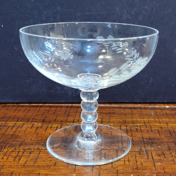 Vintage Champagne Coupe Glass with Wheat Pattern Etchings, One Glass 4" Tall - Picture 1 of 5